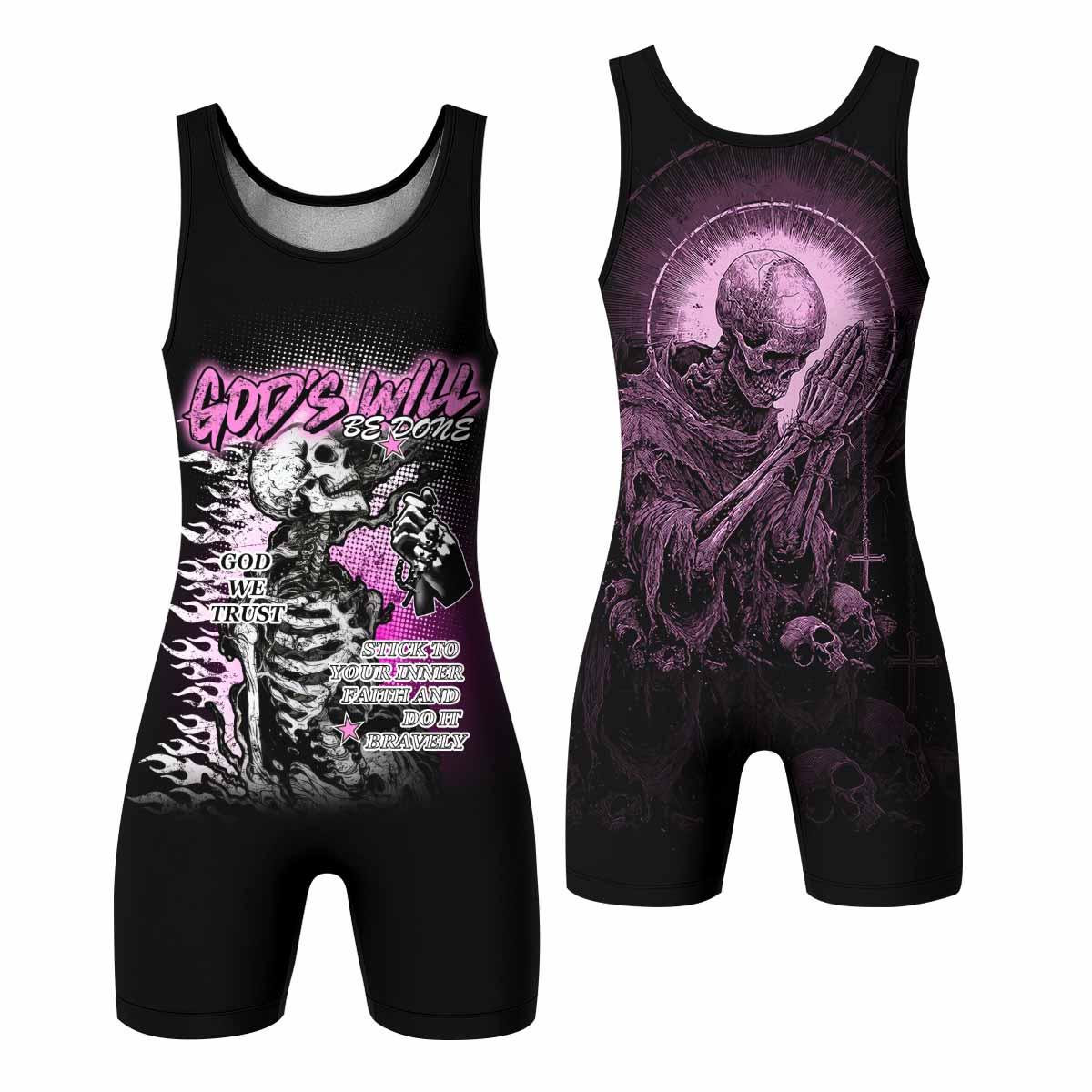 God's Will Be Done Wrestling Singlet - front and back view