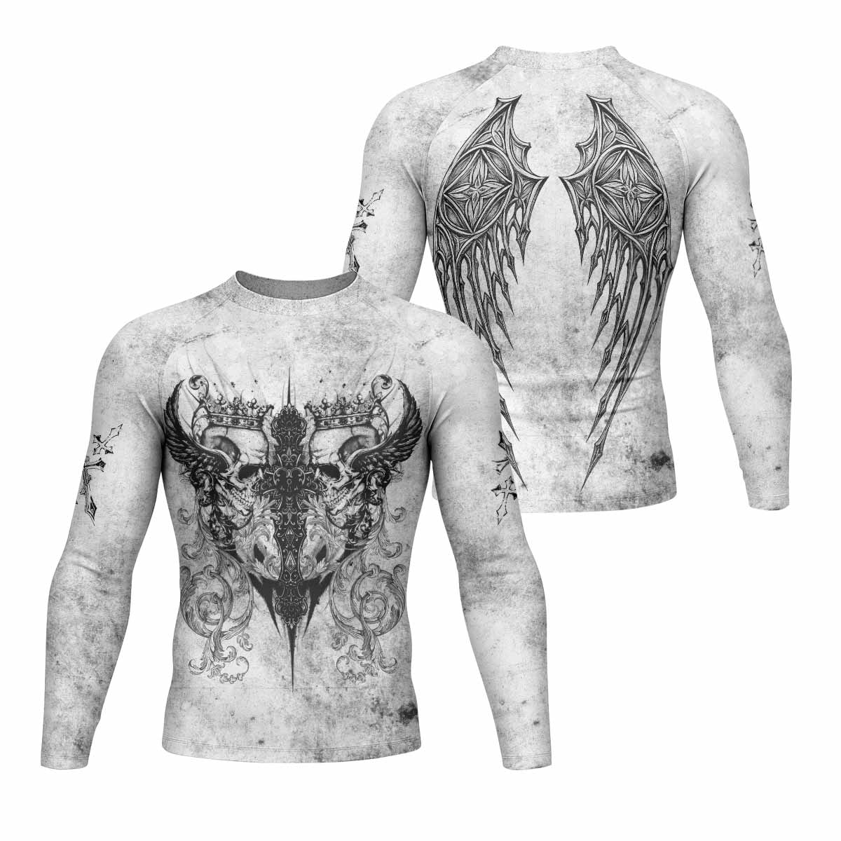 Gothic Angel Cross Men's Rash Guard Long Sleeve - front and back view