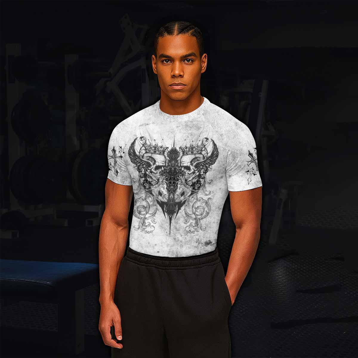 Gothic Angel Cross Men's Rash Guard Short Sleeve - lifestyle view
