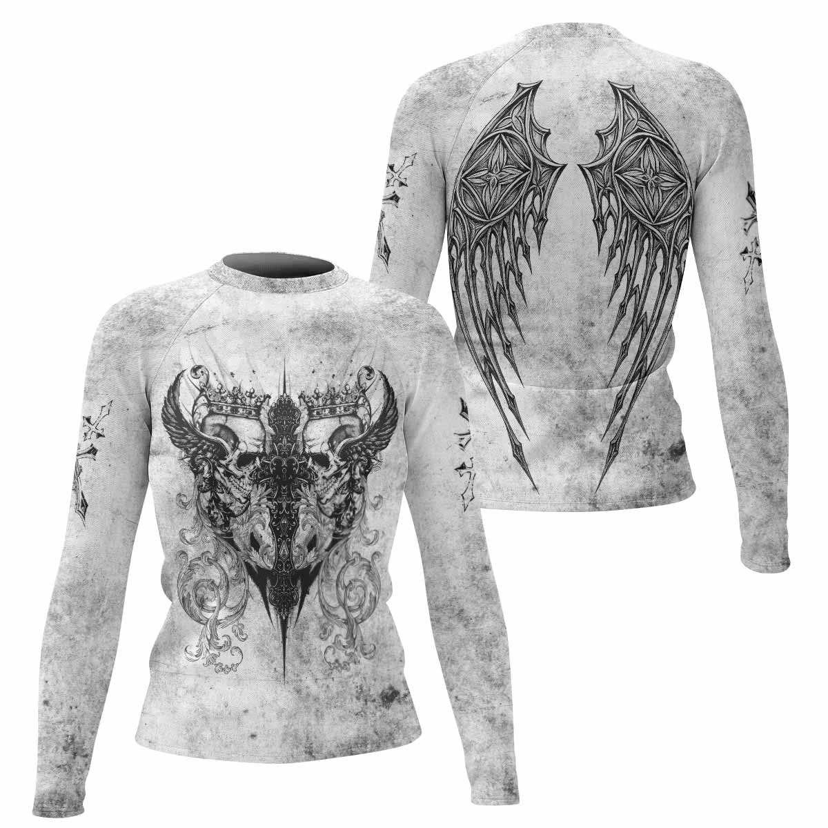 Gothic Angel Cross Women's Rash Guard Long Sleeve - front and back view