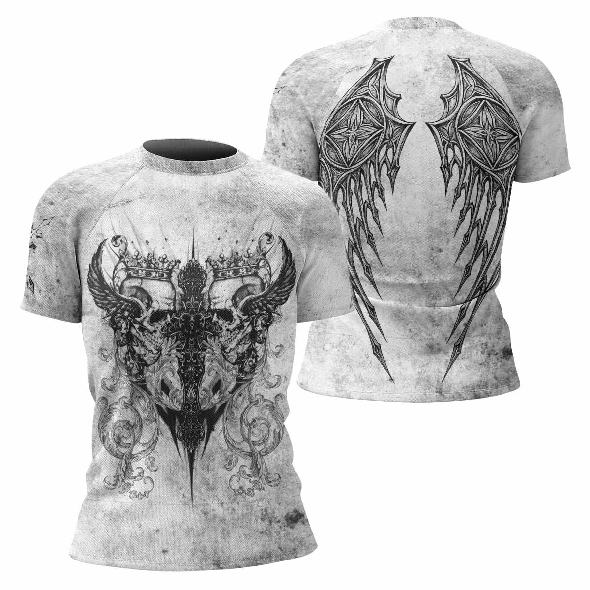 Gothic Angel Cross Women's Rash Guard Short Sleeve - front and back view