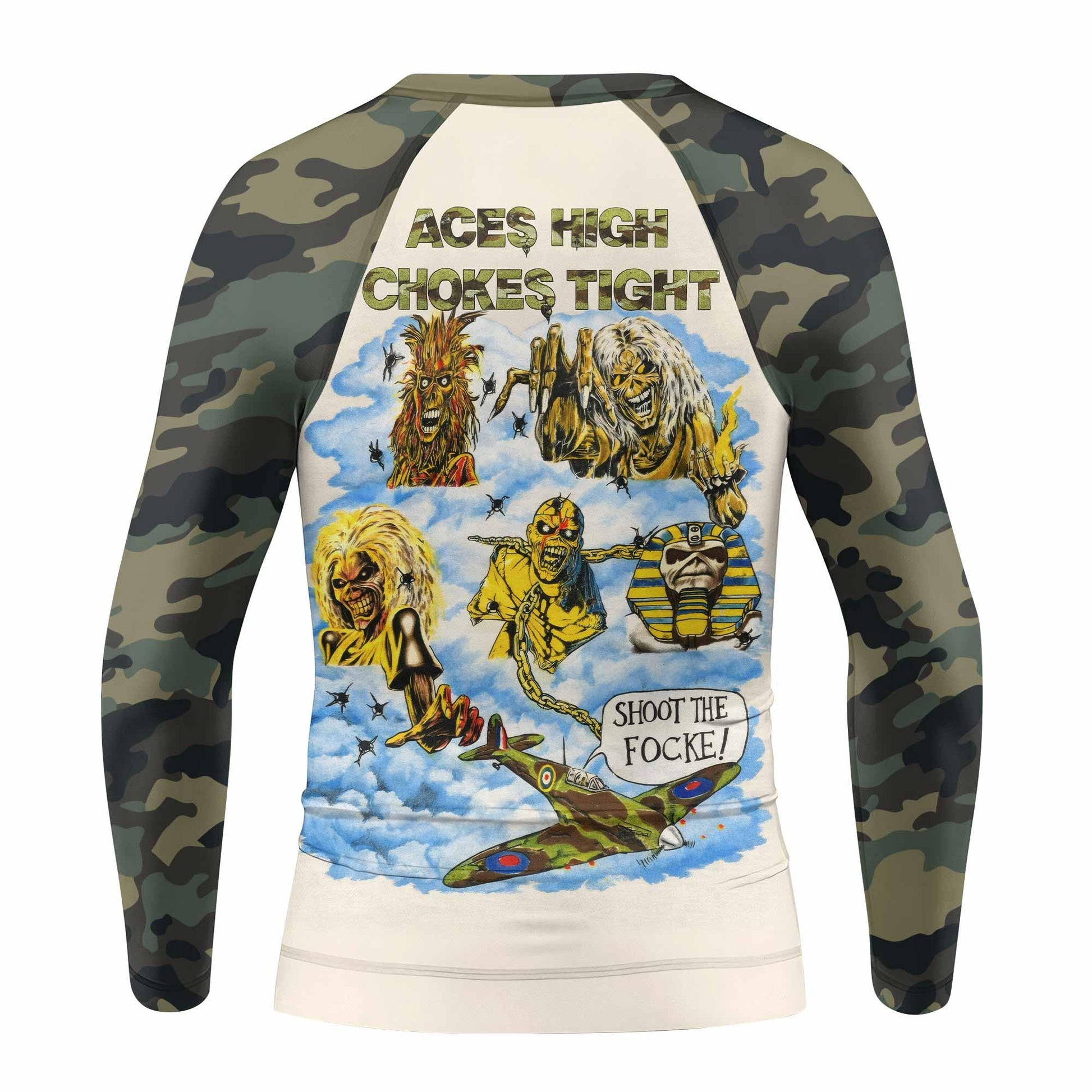 Iron Maiden Aces High Chokes Tight Kids Rash Guard Long Sleeve - back view mockup