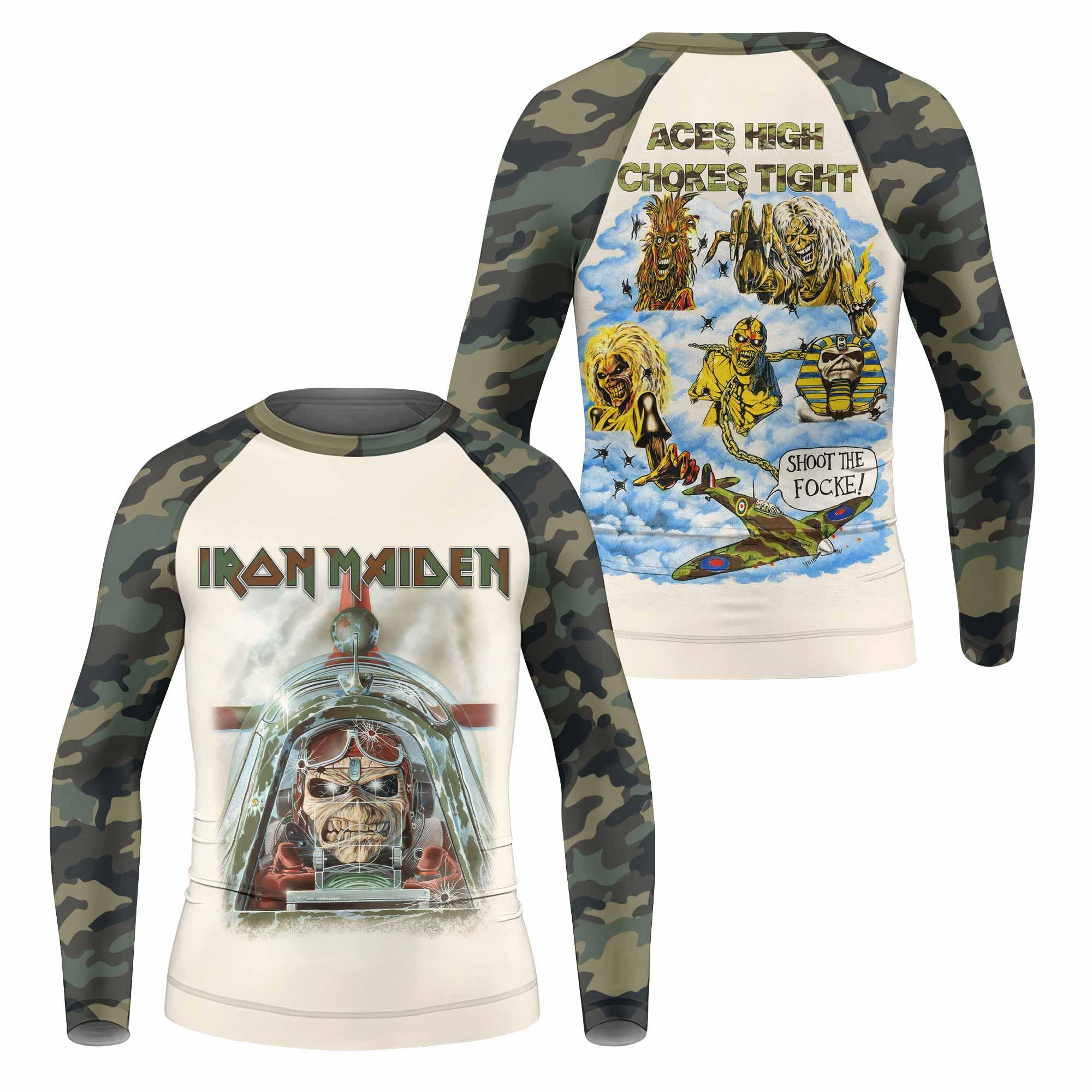 Iron Maiden Aces High Chokes Tight Kids Rash Guard Long Sleeve - front and back view