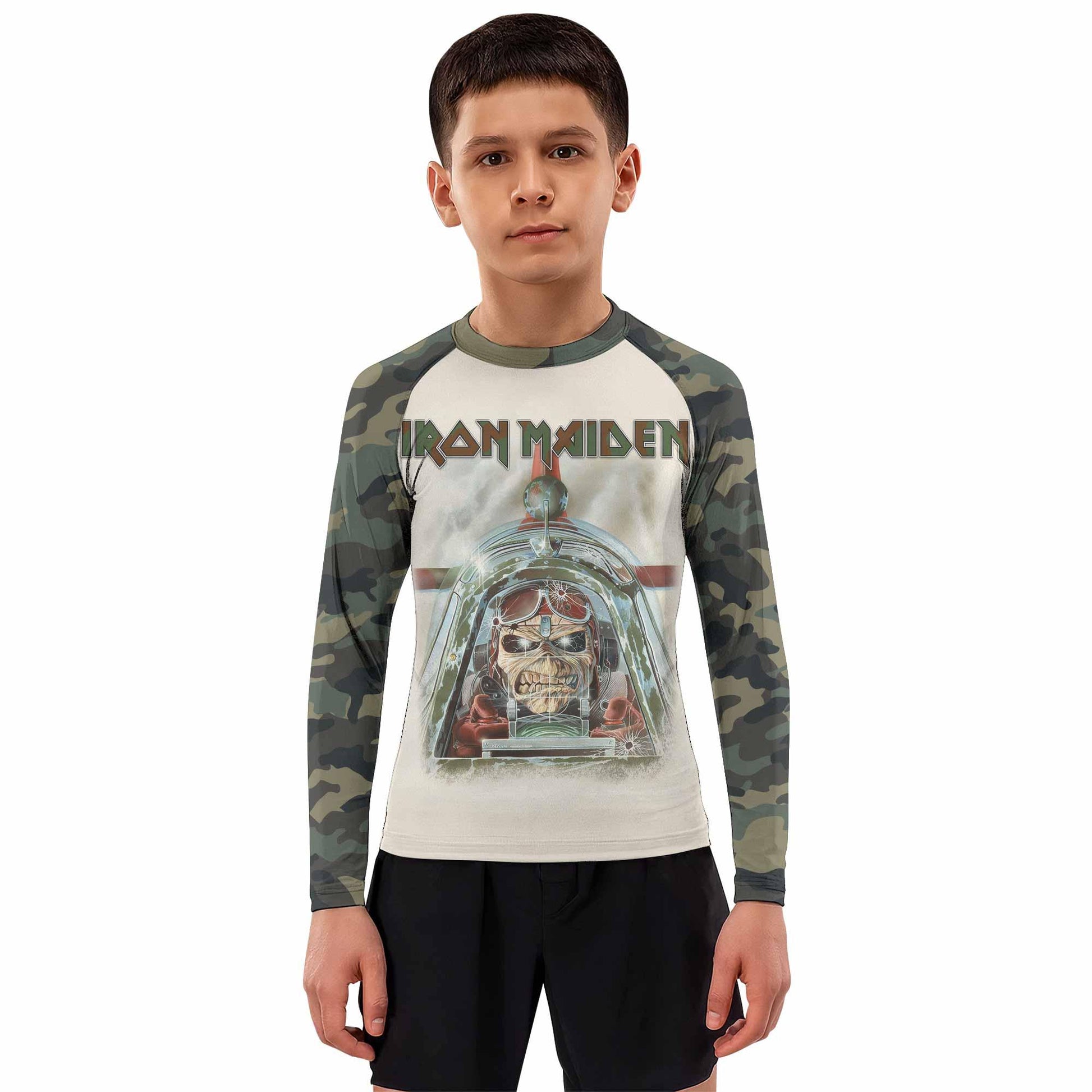 Iron Maiden Aces High Chokes Tight Kids Rash Guard Long Sleeve - boy's lifestyle view