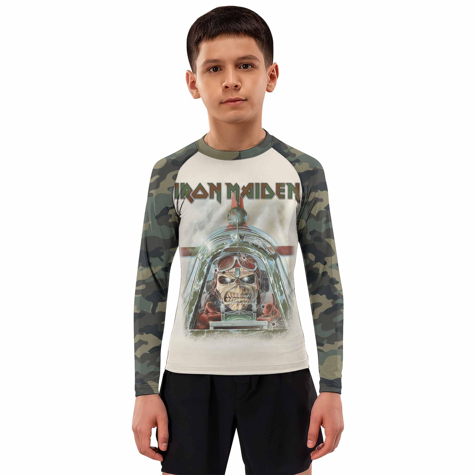 Iron Maiden Aces High Chokes Tight Kids Rash Guard Long Sleeve - boy's lifestyle view