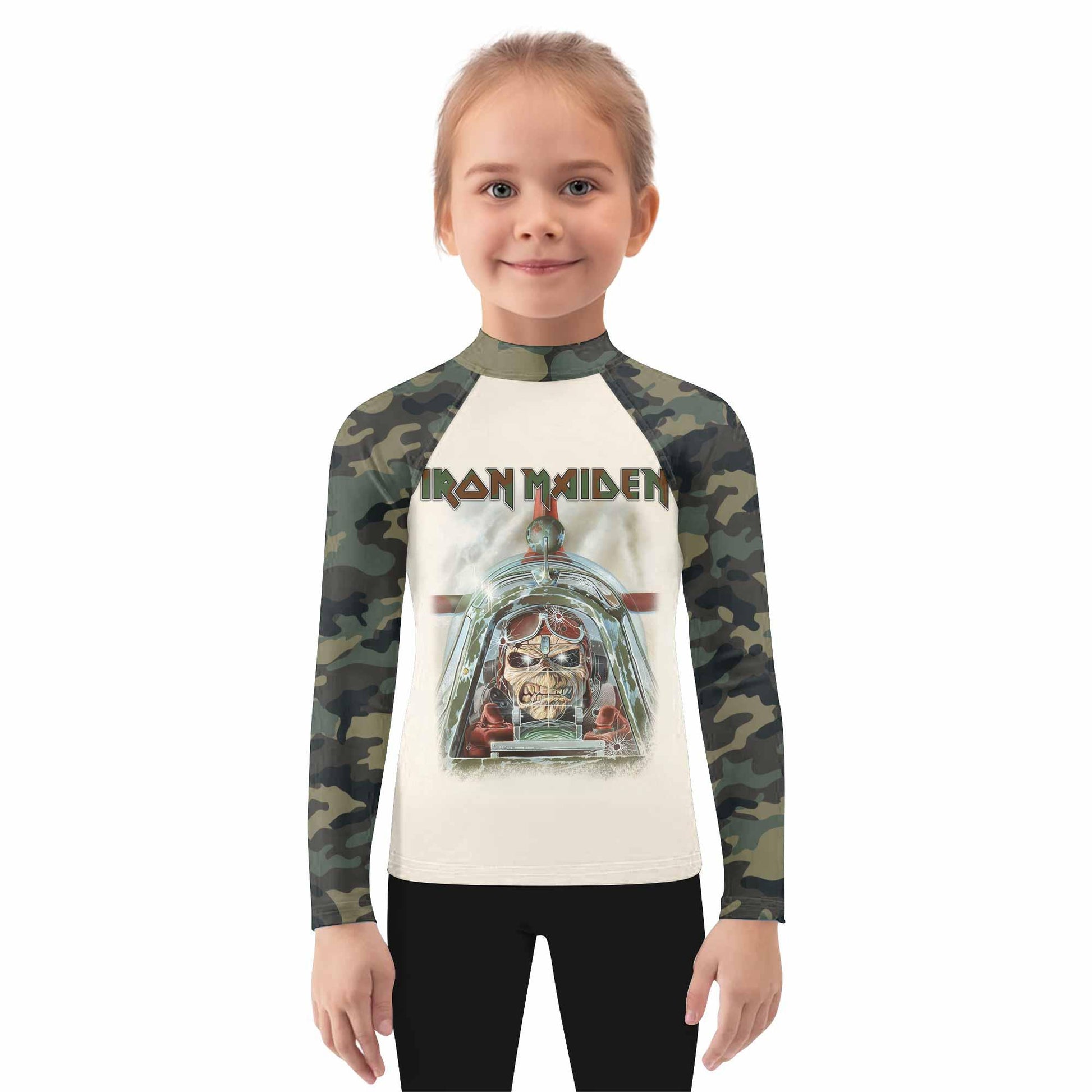 Iron Maiden Aces High Chokes Tight Kids Rash Guard Long Sleeve - girl's lifestyle view