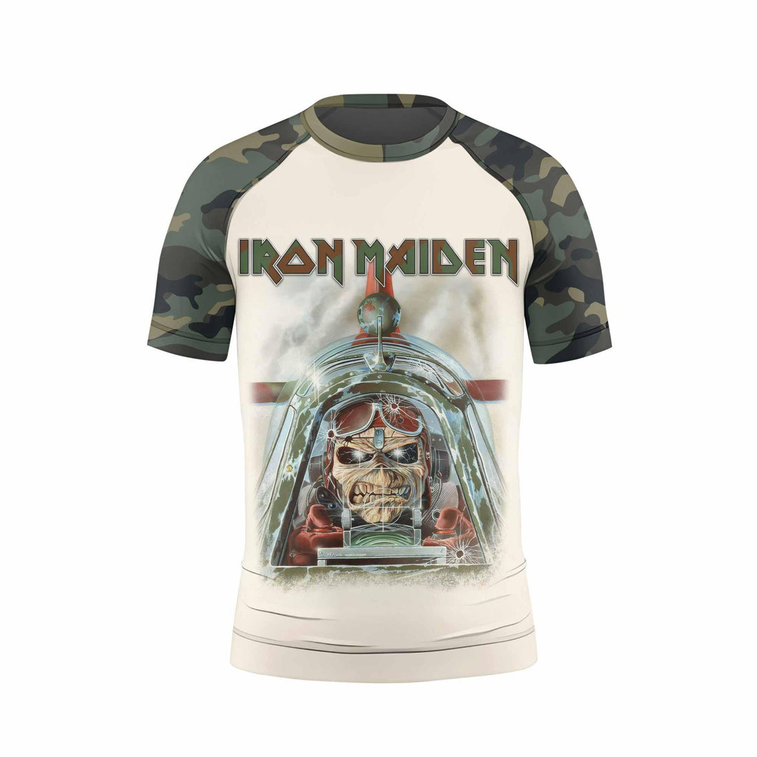 Iron Maiden Aces High Chokes Tight Kids Rash Guard Short Sleeve - front and back view