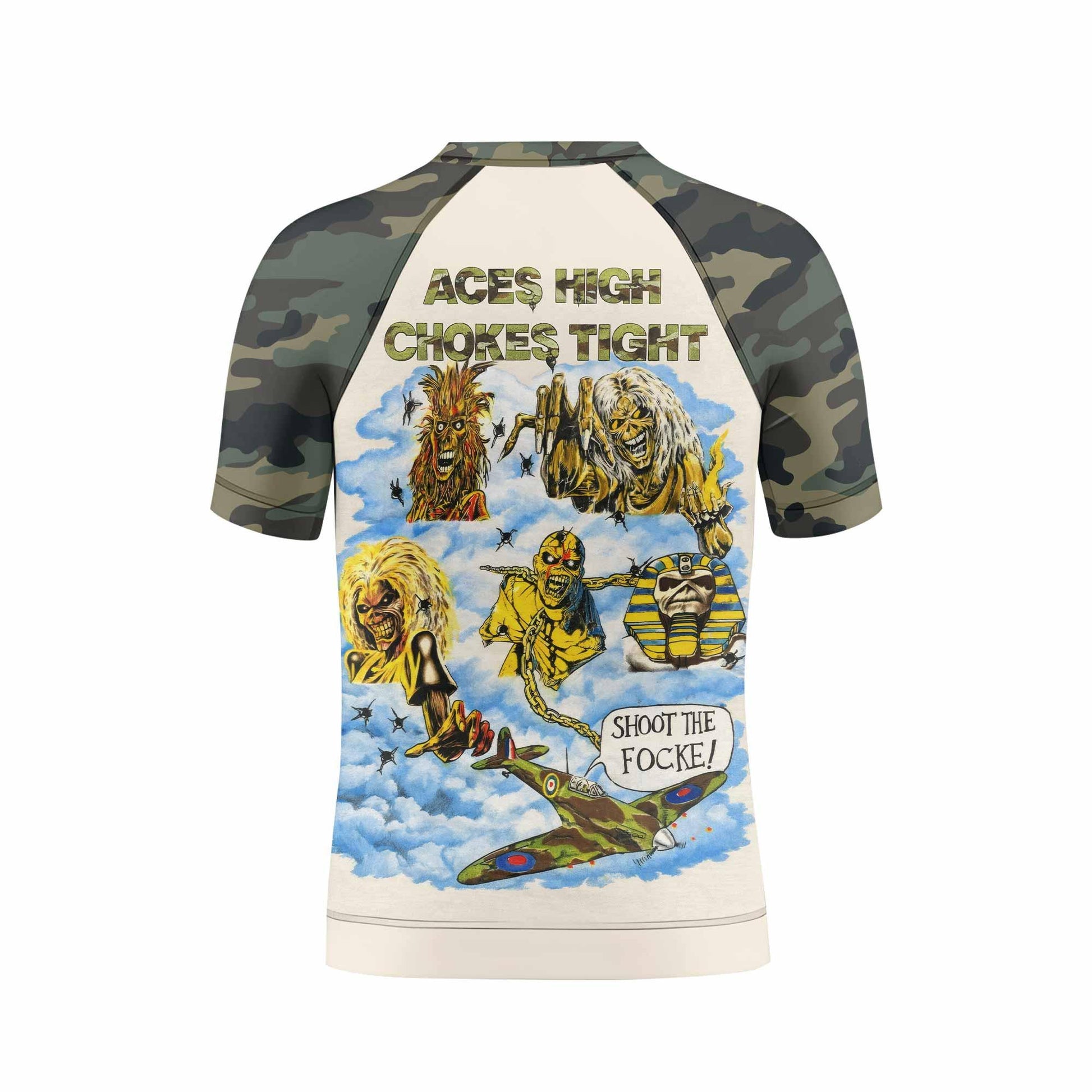 Iron Maiden Aces High Chokes Tight Kids Rash Guard Short Sleeve - back view mockup