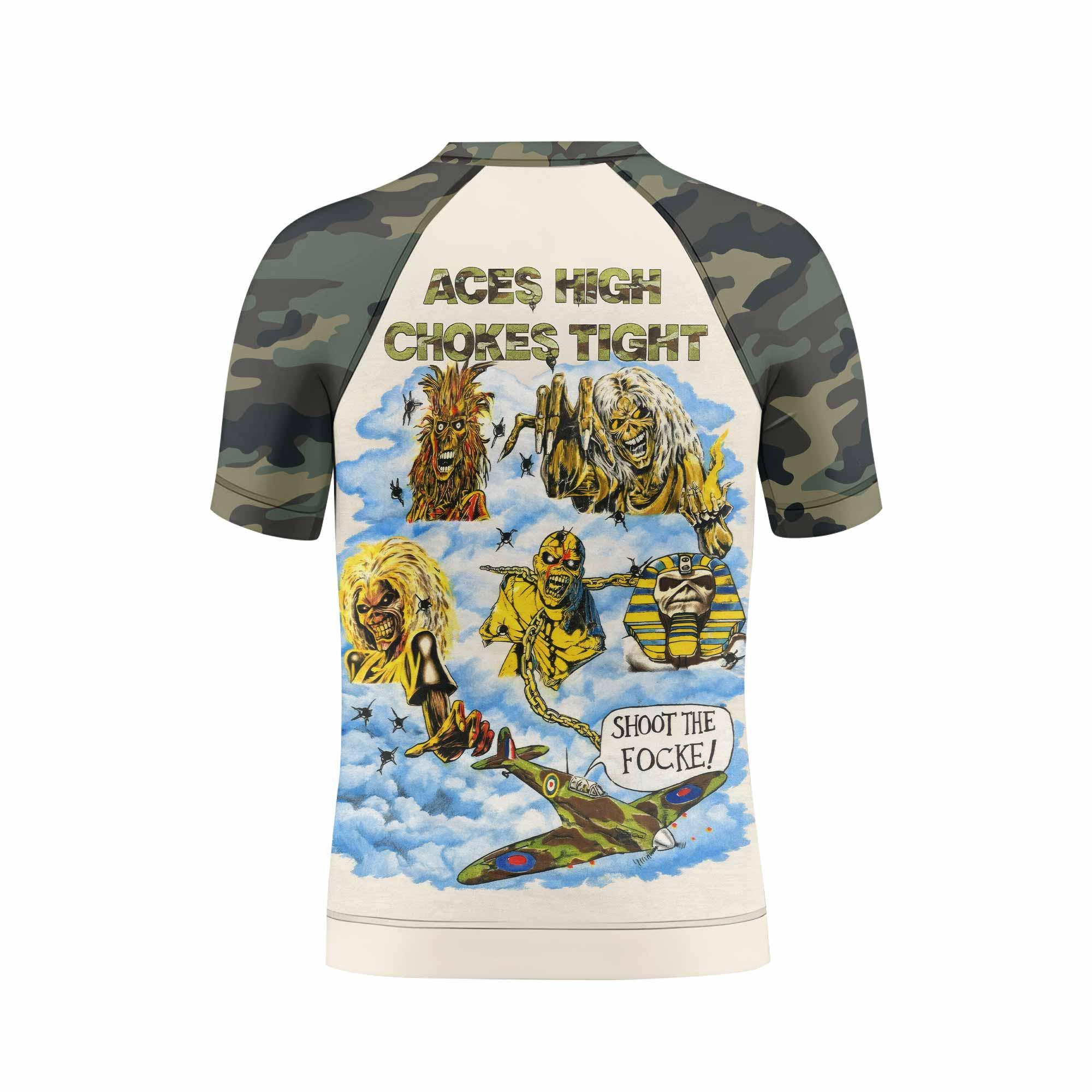 Iron Maiden Aces High Chokes Tight Kids Rash Guard Short Sleeve - back view mockup