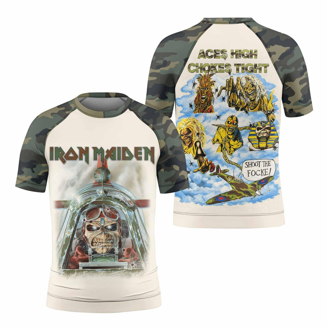 Iron Maiden Aces High Chokes Tight Kids Rash Guard Short Sleeve - front and back view