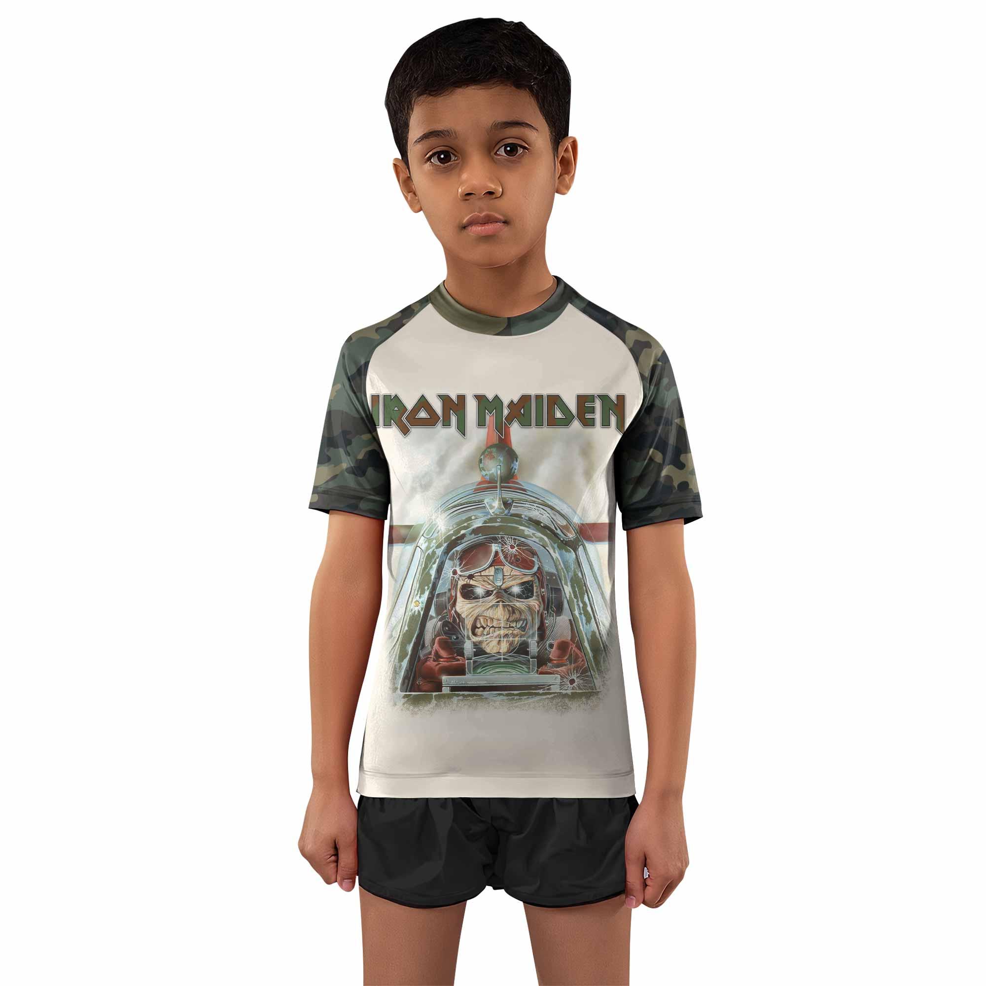 Iron Maiden Aces High Chokes Tight Kids Rash Guard Short Sleeve - boy's lifestyle view