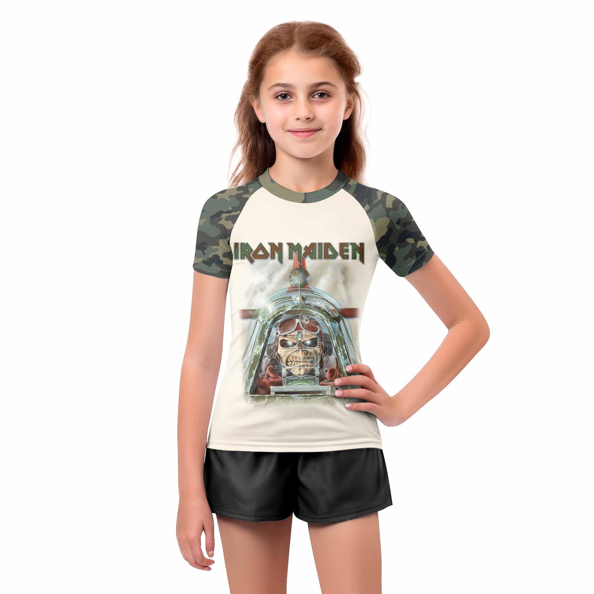 Iron Maiden Aces High Chokes Tight Kids Rash Guard Short Sleeve - girl's lifestyle view