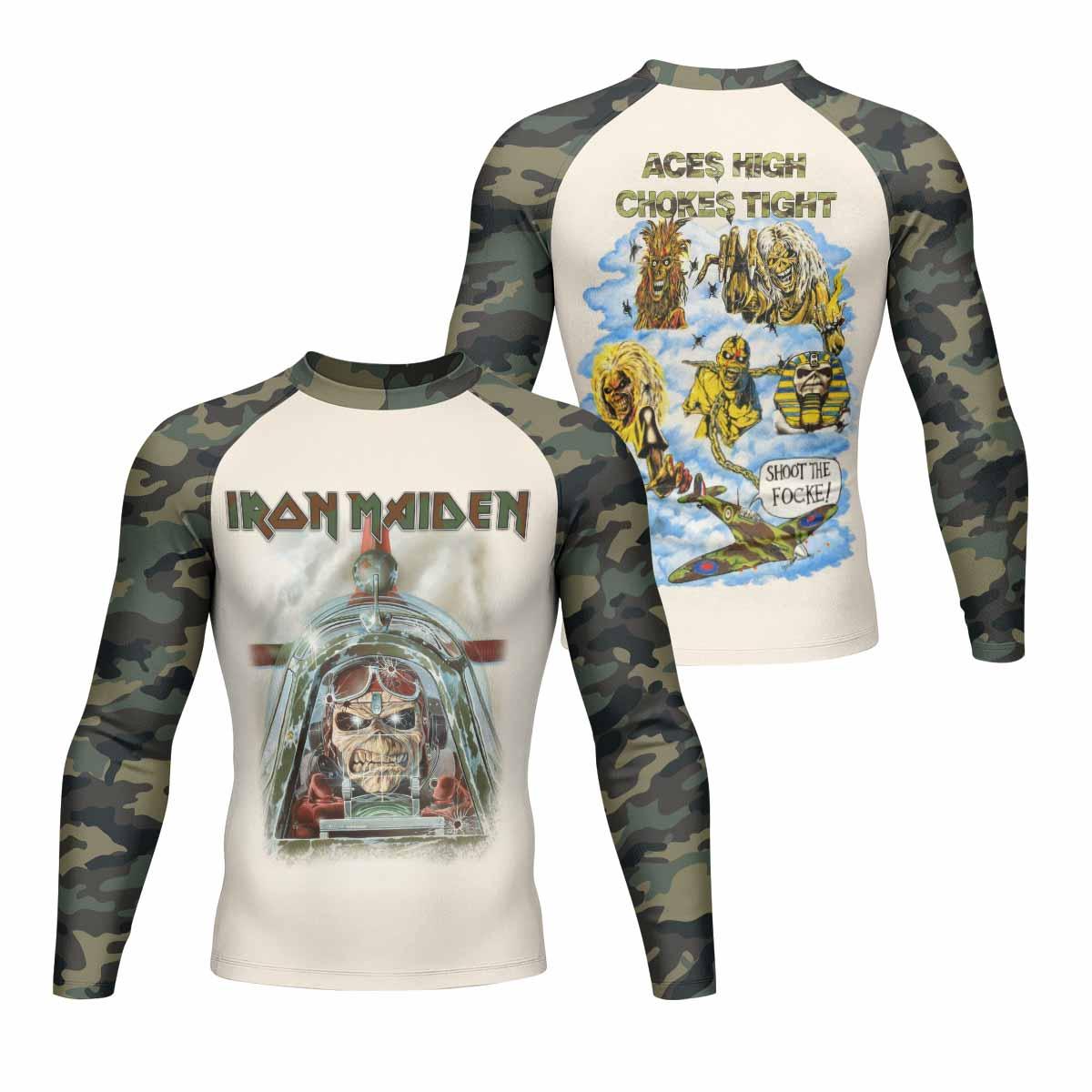 Iron Maiden Aces High Chokes Tight Men's Rash Guard Long Sleeve - front and back view
