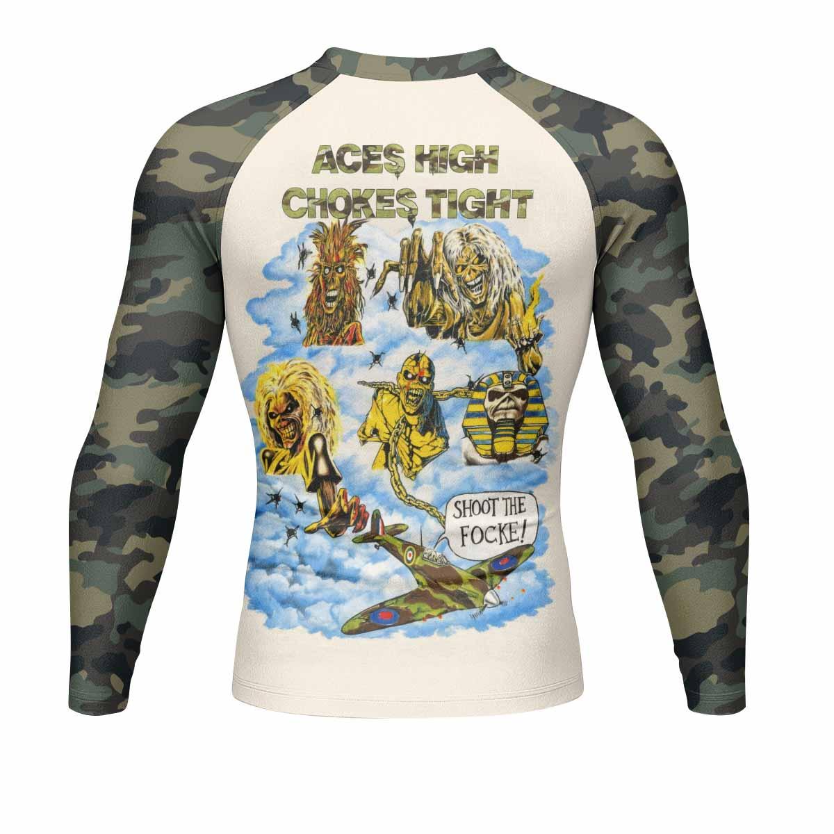 Iron Maiden Aces High Chokes Tight Men's Rash Guard Long Sleeve - back view mockup