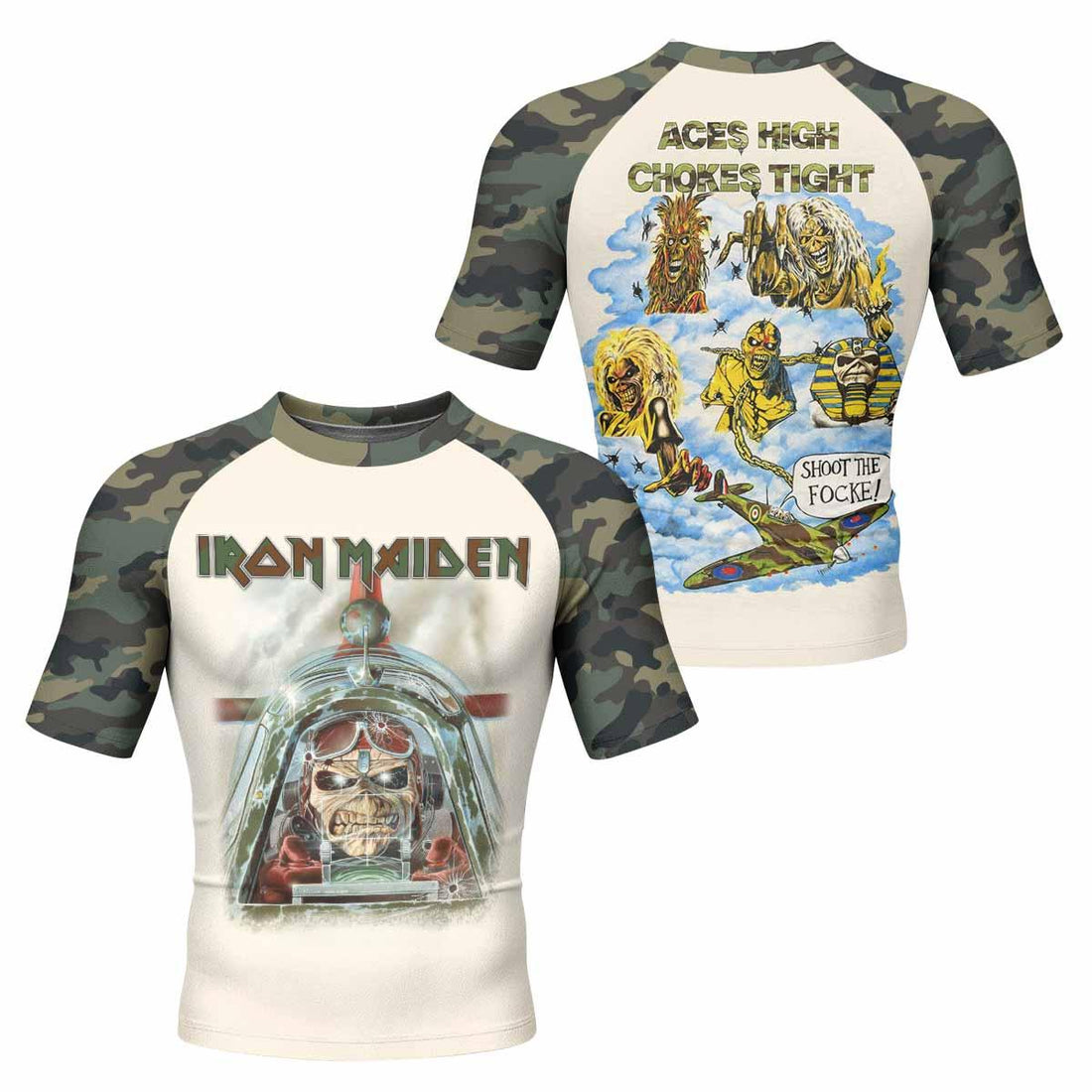 Iron Maiden Aces High Chokes Tight Men's Rash Guard Short Sleeve - front and back view