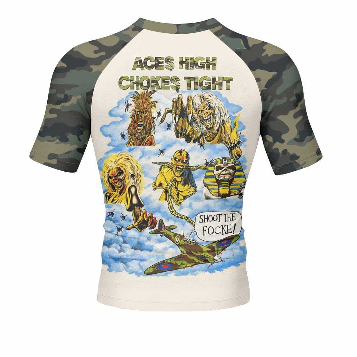 Iron Maiden Aces High Chokes Tight Men's Rash Guard Short Sleeve - back view mockup