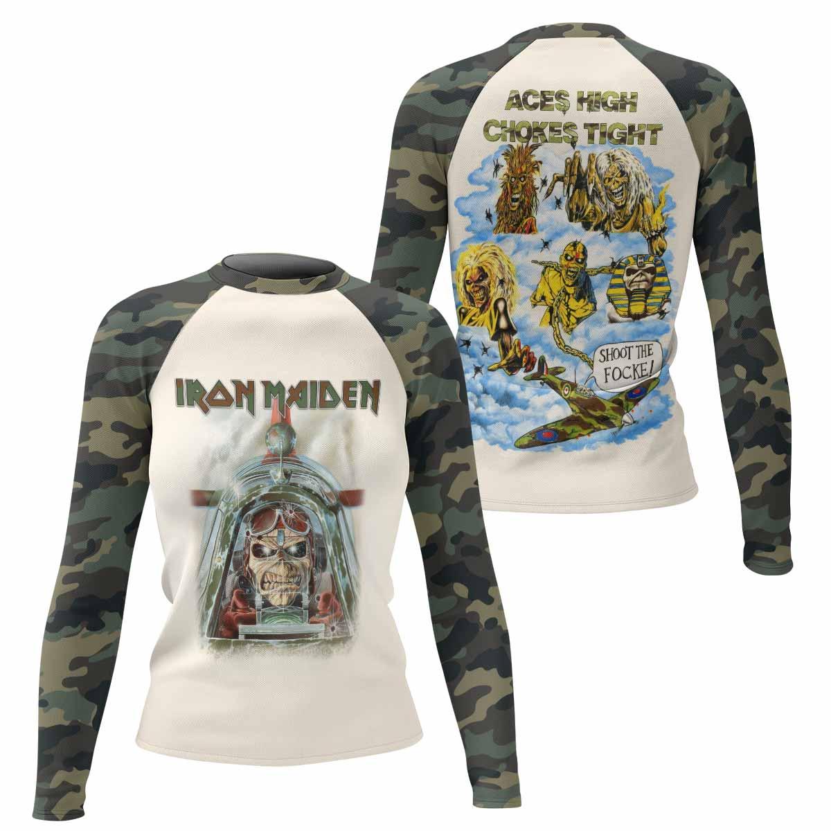 Iron Maiden Aces High Chokes Tight Women's Rash Guard Long Sleeve - front and back view