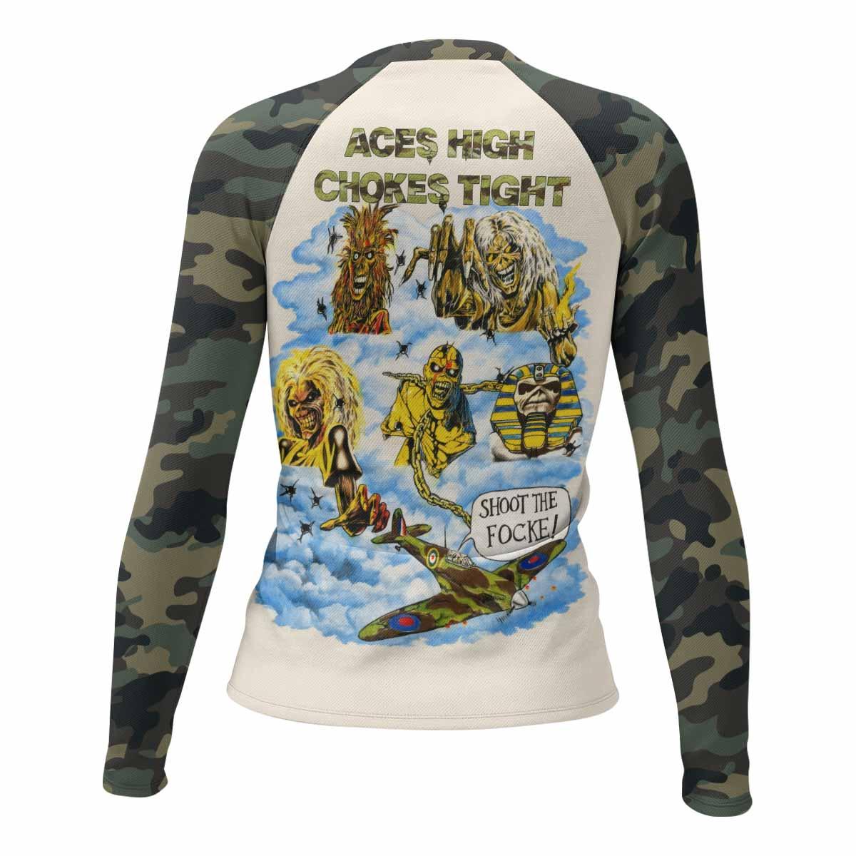 Iron Maiden Aces High Chokes Tight Women's Rash Guard Long Sleeve - back view mockup