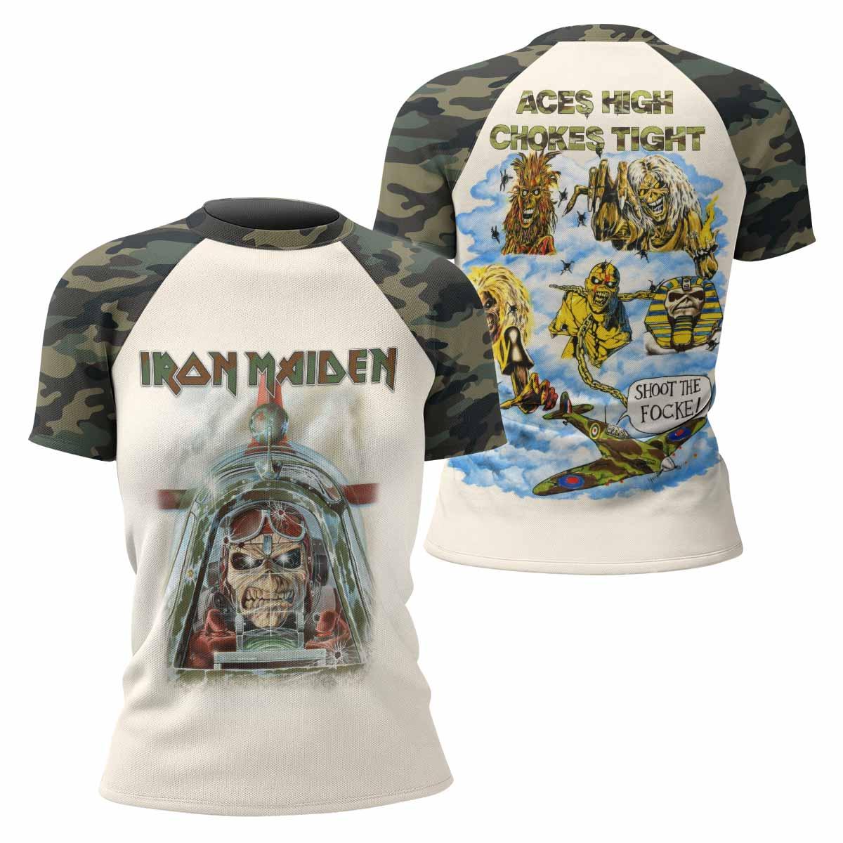 Iron Maiden Aces High Chokes Tight Women's Rash Guard Short Sleeve - front and back view