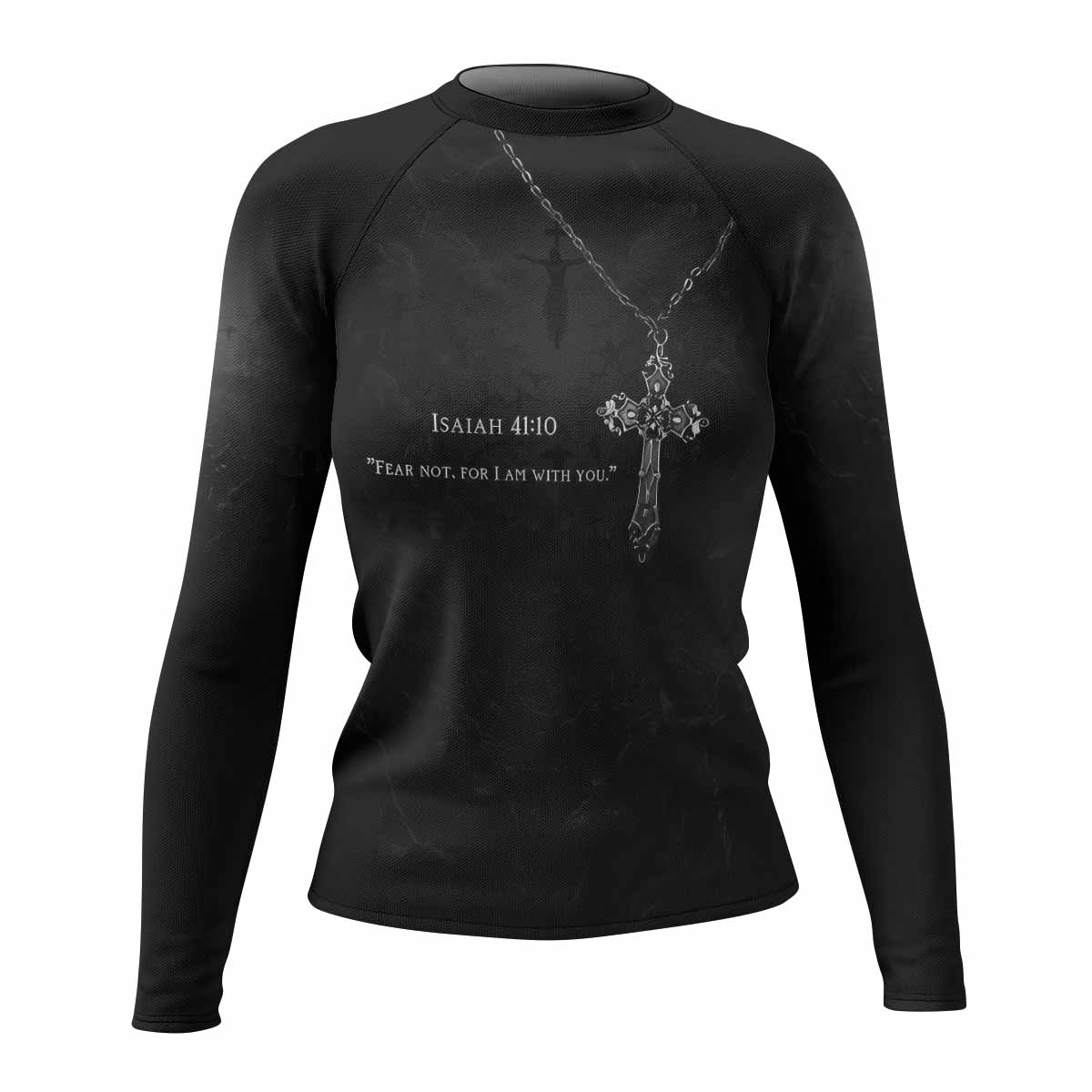 Isaiah 41:10 Fear Not Women’s Long Sleeve Rash Guard - front view mockup