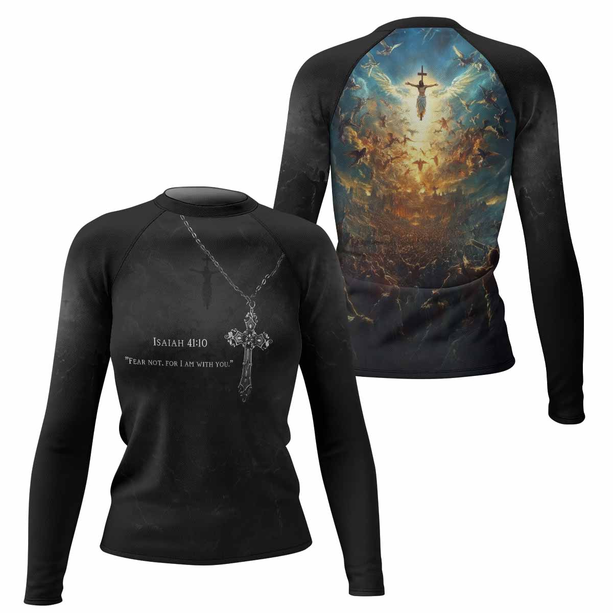 Isaiah 41:10 Fear Not Women’s Long Sleeve Rash Guard - front and back view