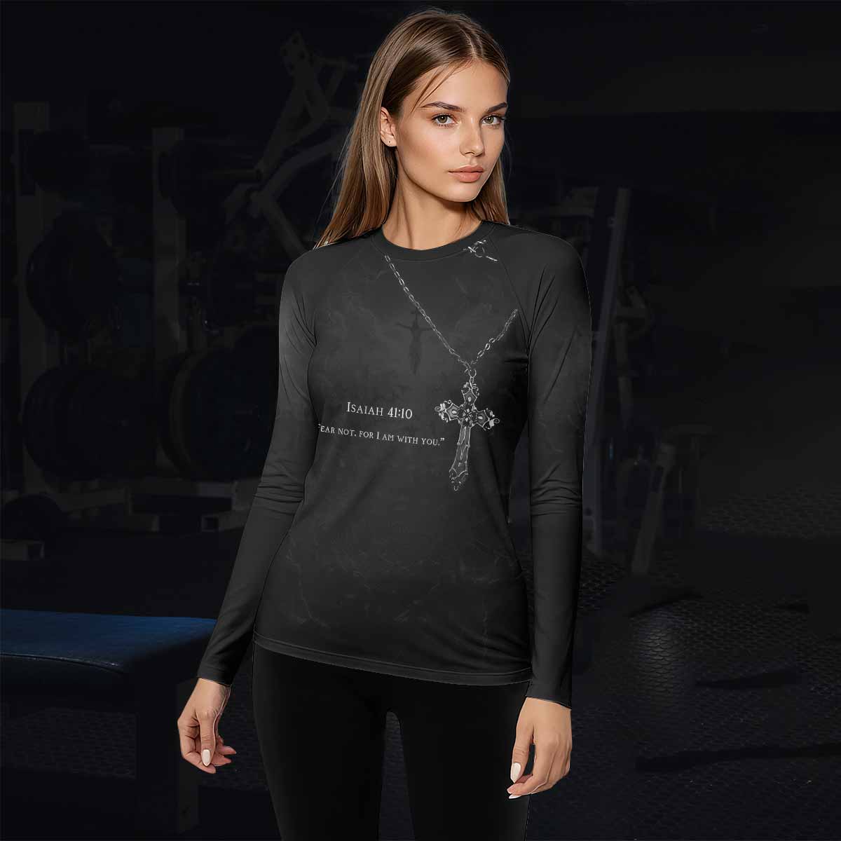 Isaiah 41:10 Fear Not Women’s Long Sleeve Rash Guard - lifestyle view