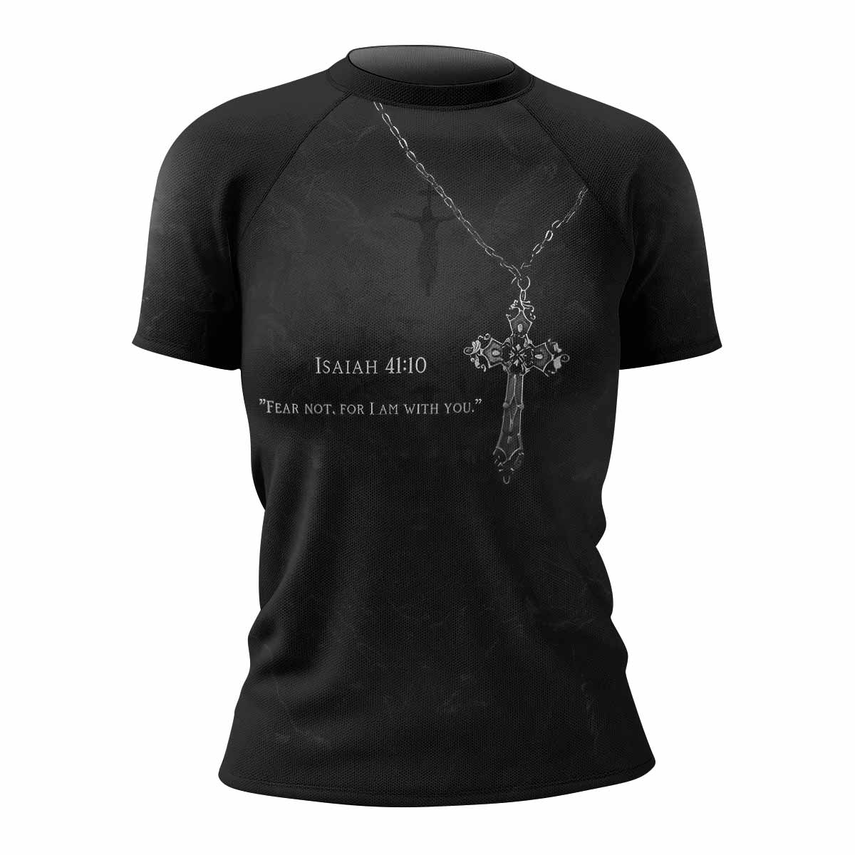 Isaiah 41:10 Fear Not Women’s Short Sleeve Rash Guard - front view mockup