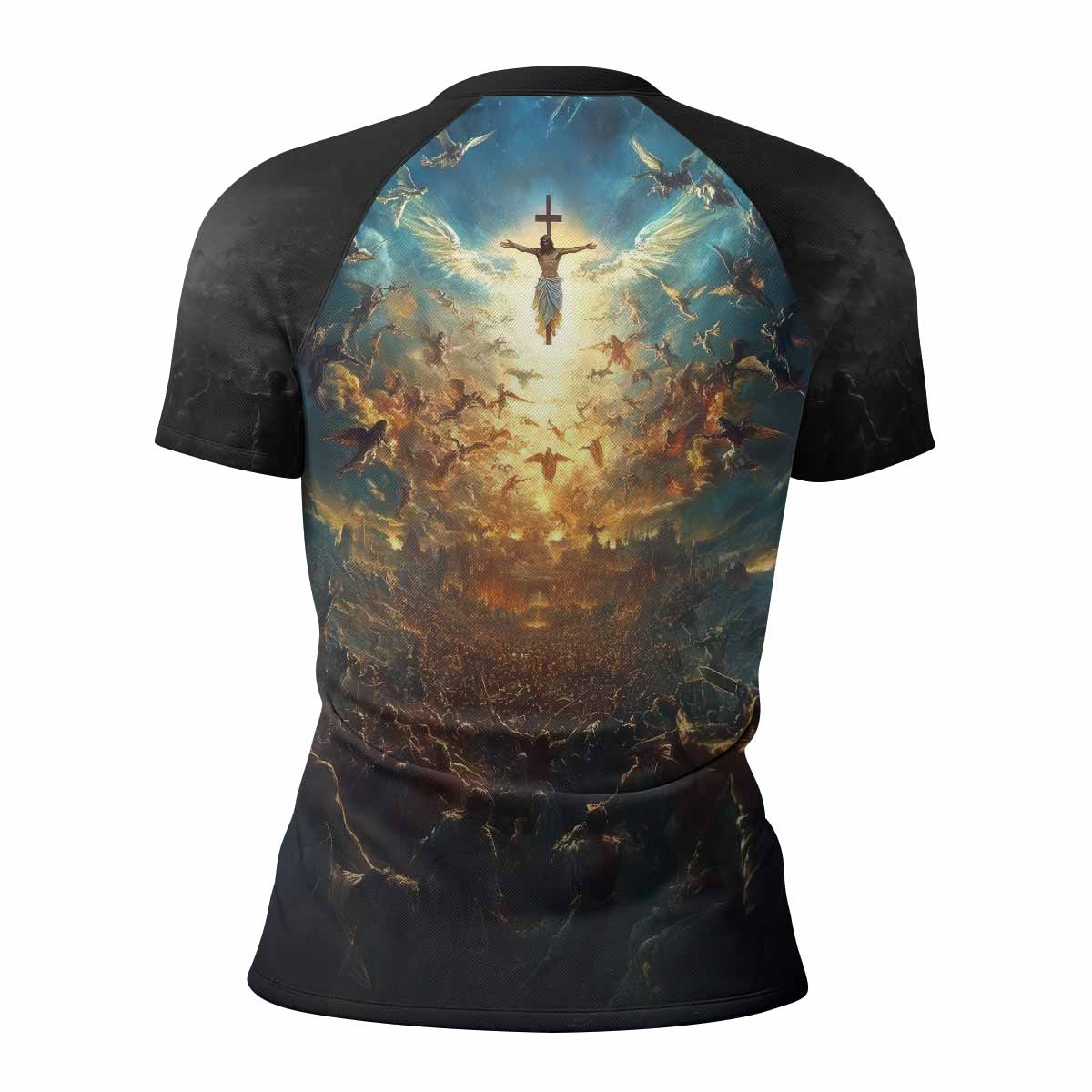 Isaiah 41:10 Fear Not Women’s Short Sleeve Rash Guard - back view mockup