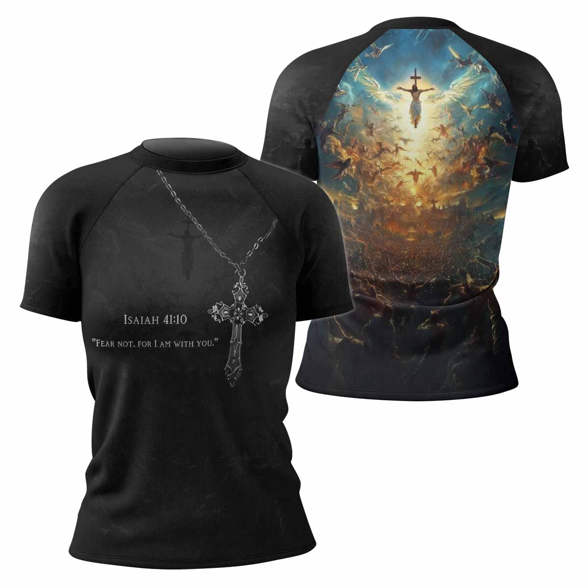 Isaiah 41:10 Fear Not Women’s Short Sleeve Rash Guard - front and back view