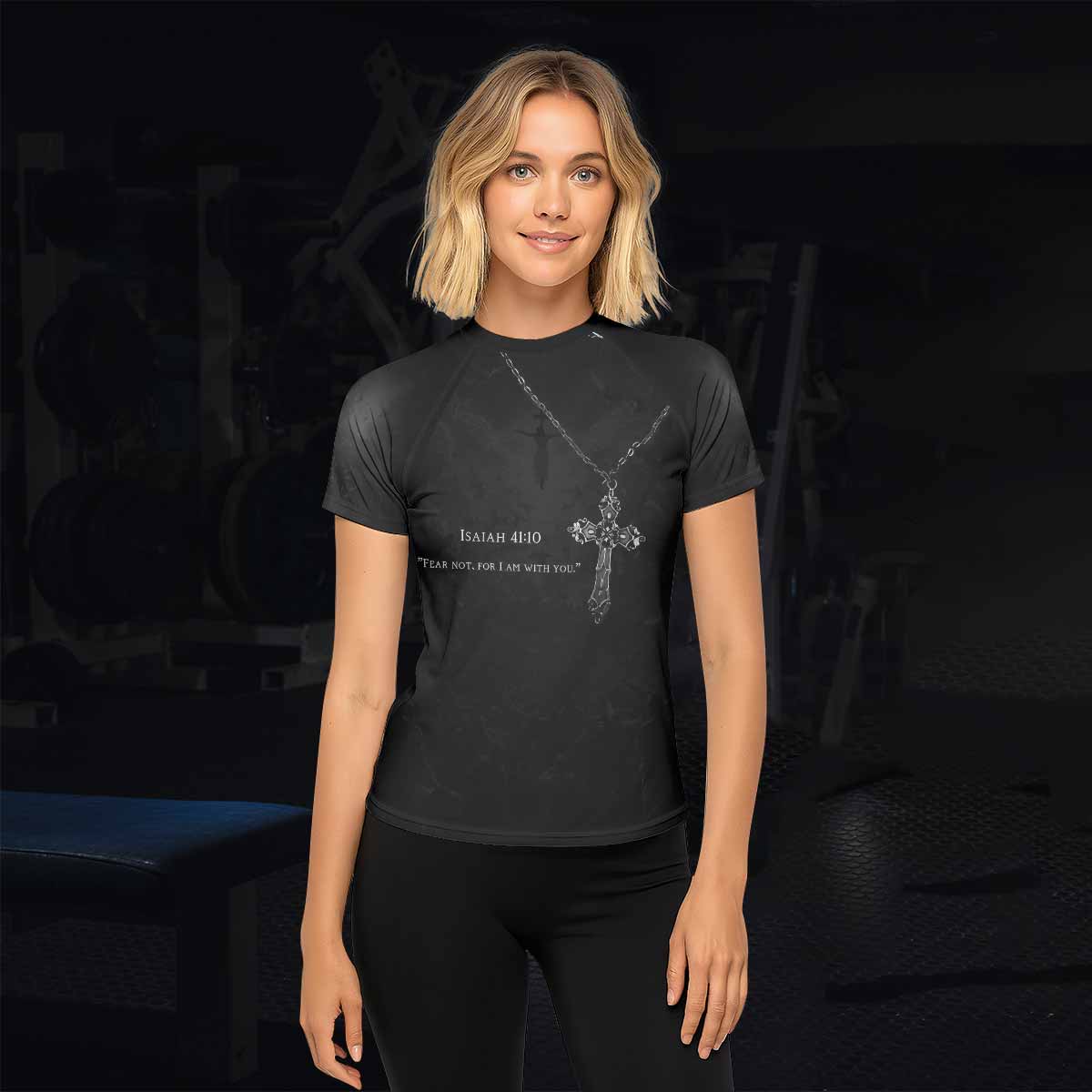 Isaiah 41:10 Fear Not Women’s Short Sleeve Rash Guard - lifestyle view