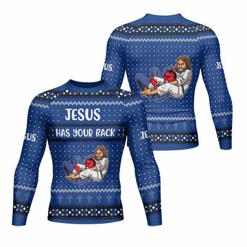Jesus Has Your Back Men's Rash Guard Long Sleeve - front and back view
