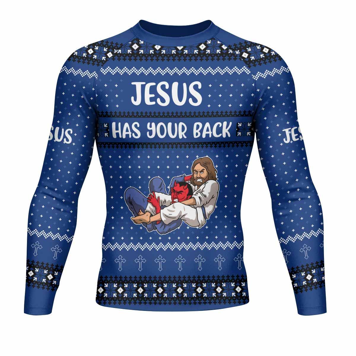 Jesus Has Your Back Men's Rash Guard Long Sleeve - front view mockup