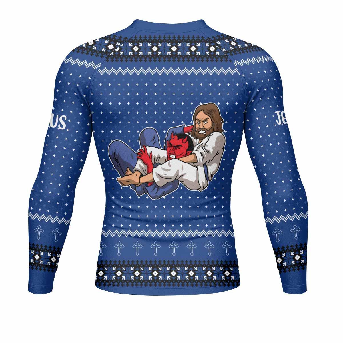 Jesus Has Your Back Men's Rash Guard Long Sleeve - back view mockup