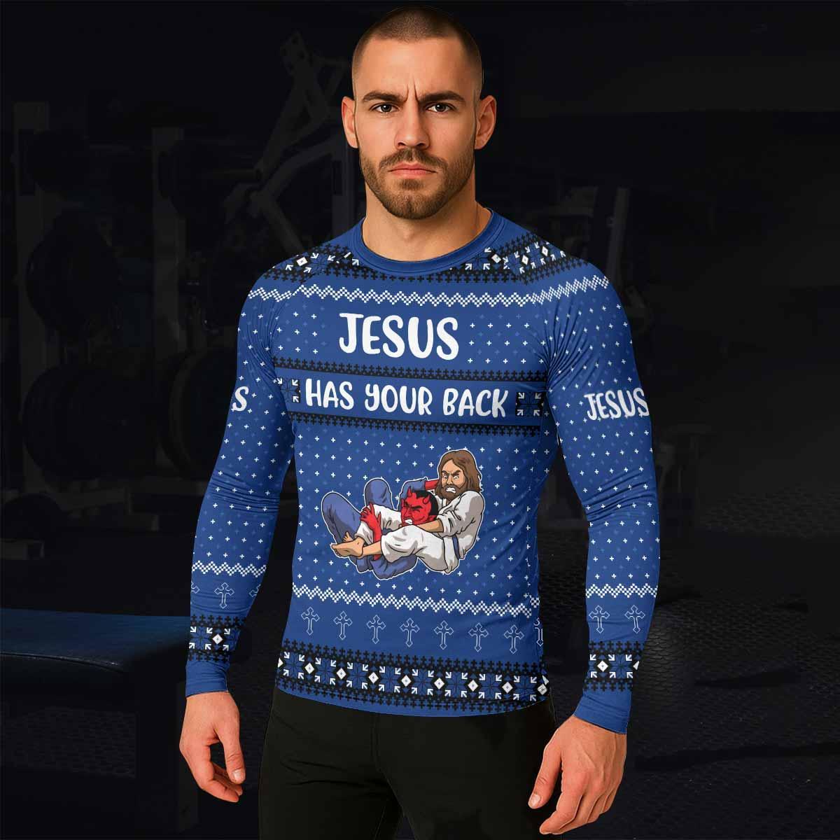 Jesus Has Your Back Men's Rash Guard Long Sleeve - lifestyle view
