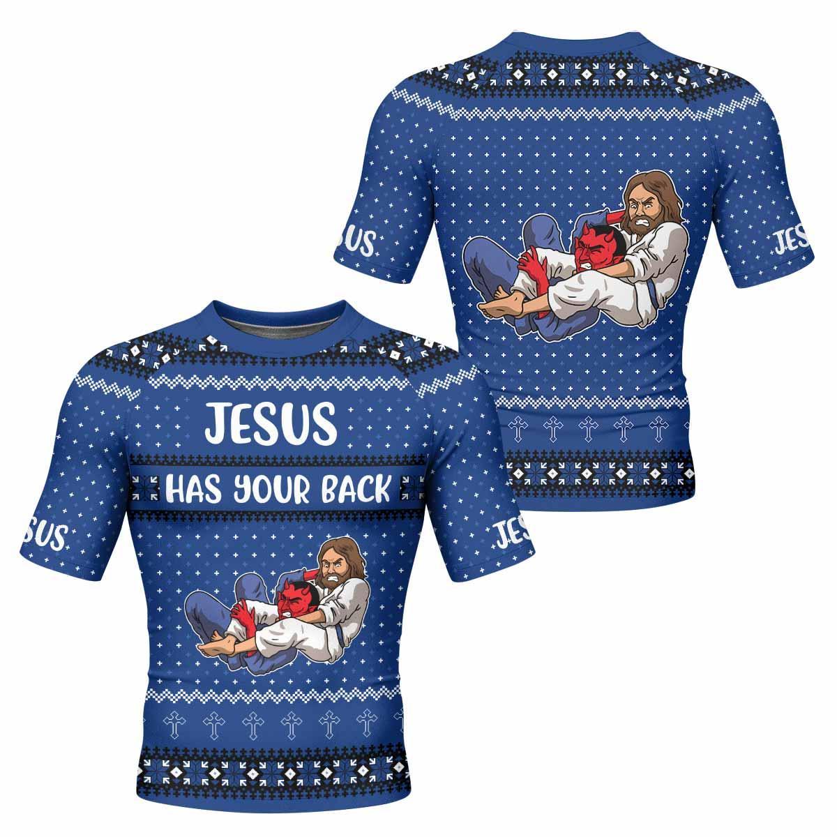 Jesus Has Your Back Men's Rash Guard Short Sleeve - front and back view