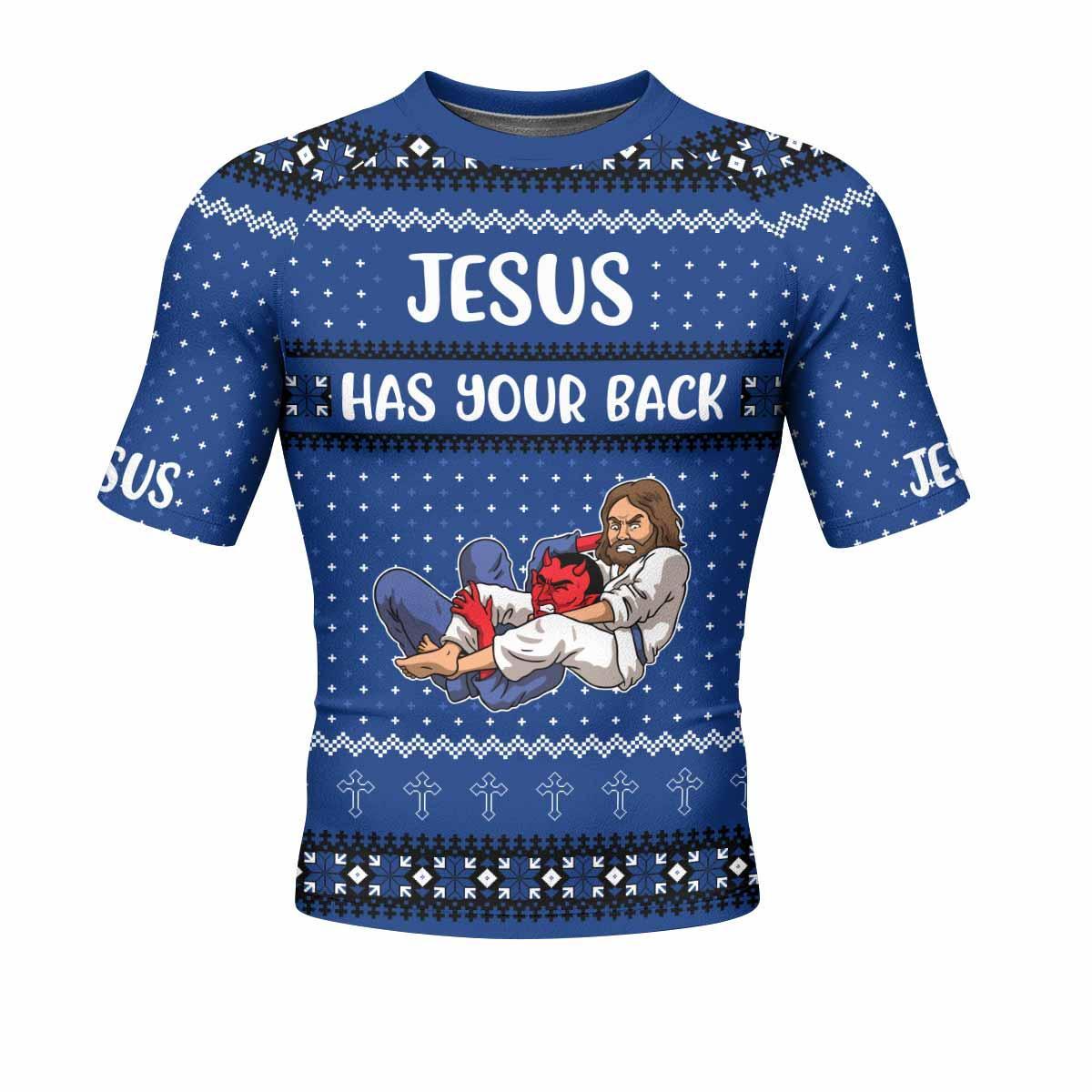 Jesus Has Your Back Men's Rash Guard Short Sleeve - front view mockup