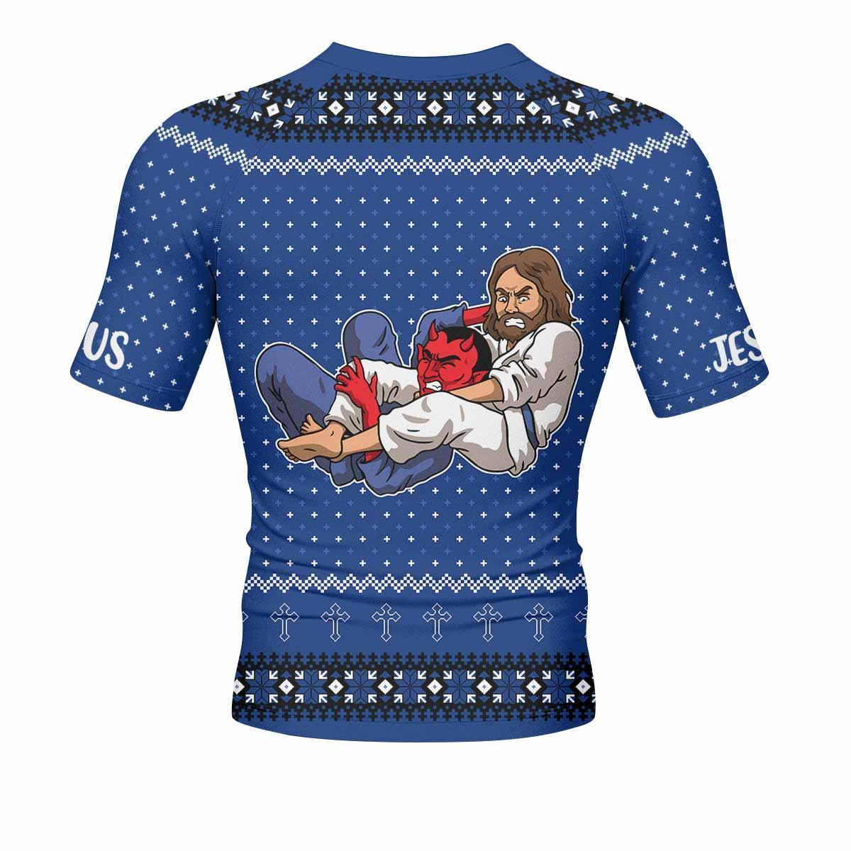 Jesus Has Your Back Men's Rash Guard Short Sleeve - back view mockup