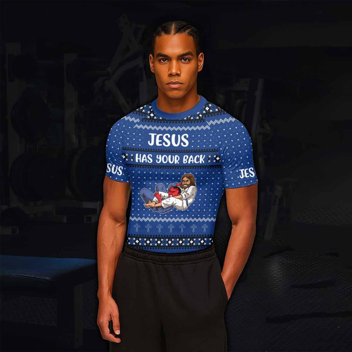 Jesus Has Your Back Men's Rash Guard Short Sleeve - lifestyle view