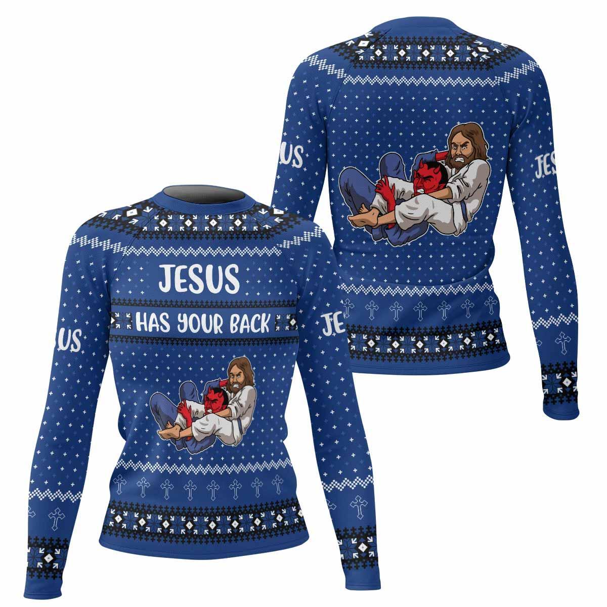 Jesus Has Your Back Women's Rash Guard Long Sleeve - front and back view