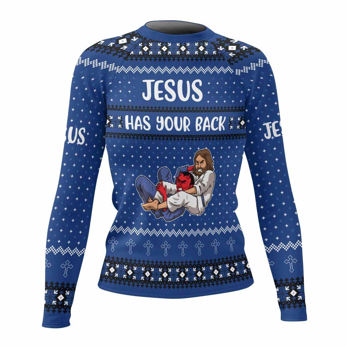 Jesus Has Your Back Women's Rash Guard Long Sleeve - front view mockup