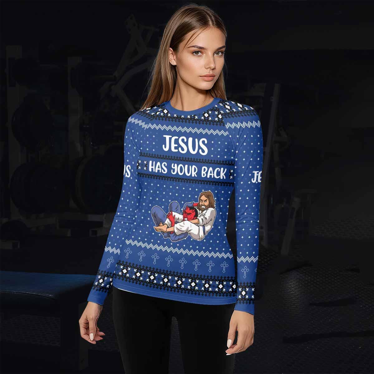 Jesus Has Your Back Women's Rash Guard Long Sleeve - lifestyle view