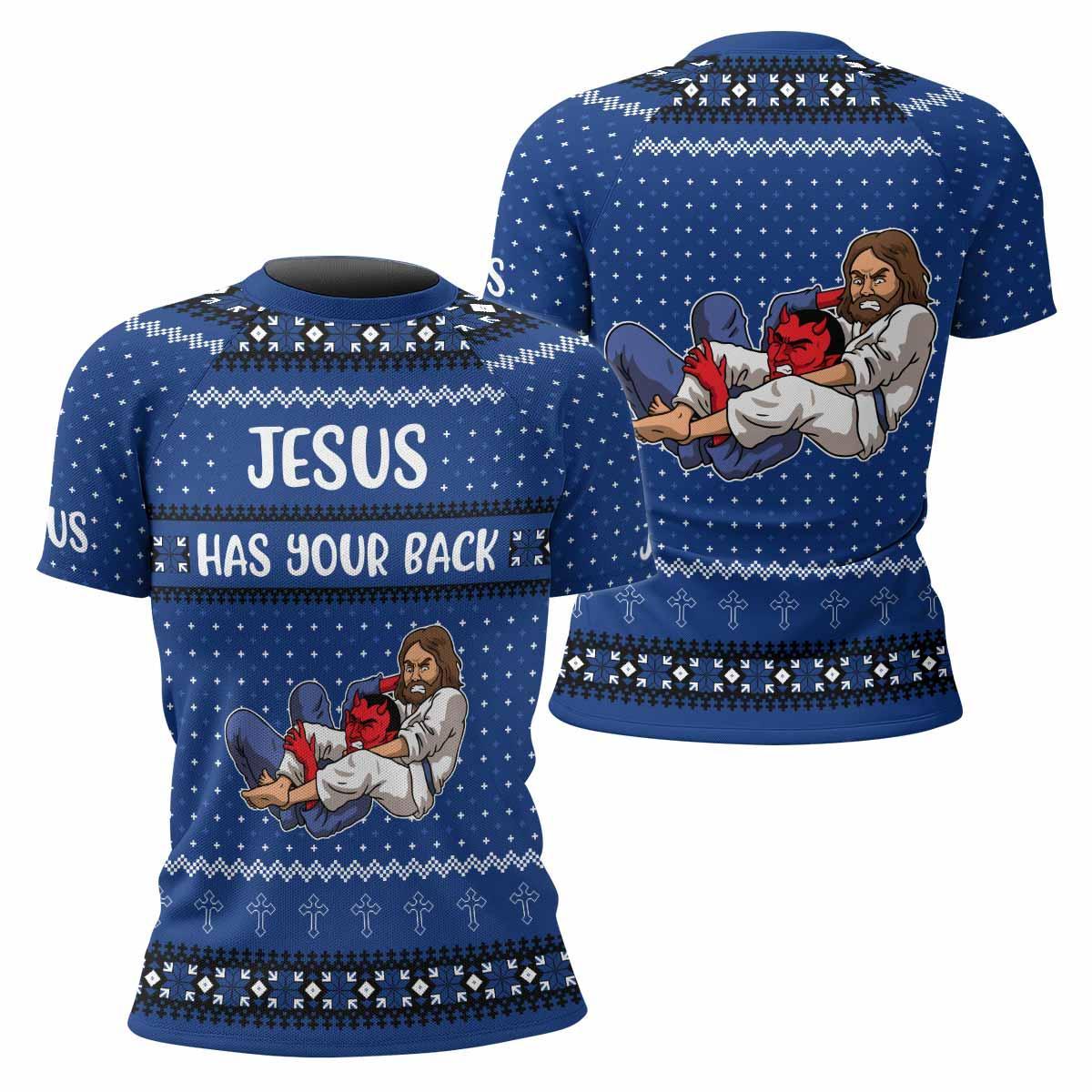 Jesus Has Your Back Women's Rash Guard Short Sleeve - front and back view