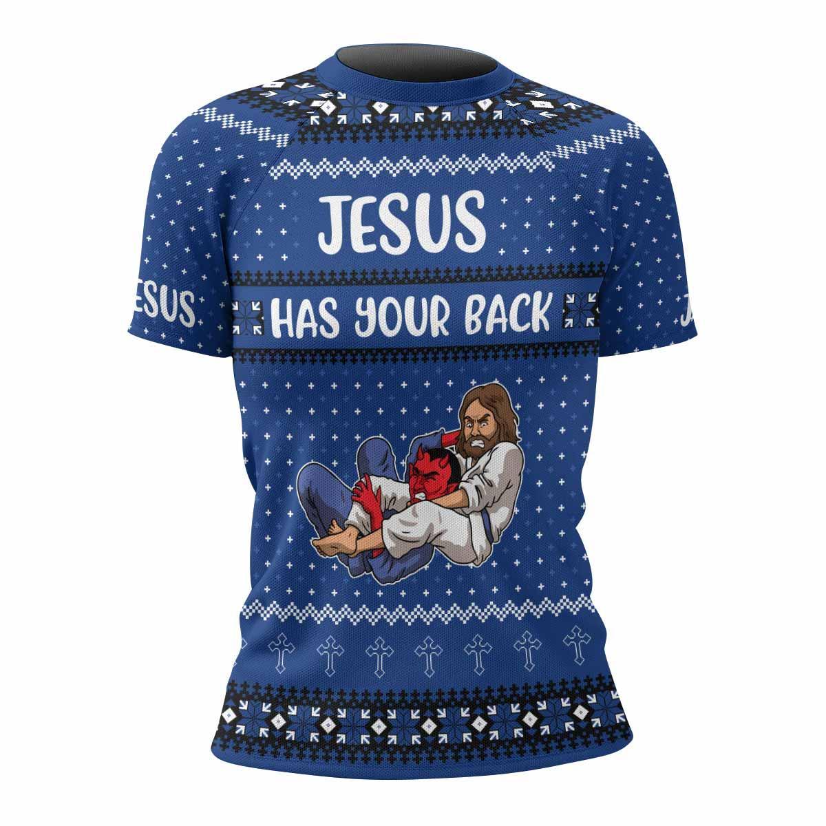 Jesus Has Your Back Women's Rash Guard Short Sleeve - front view mockup