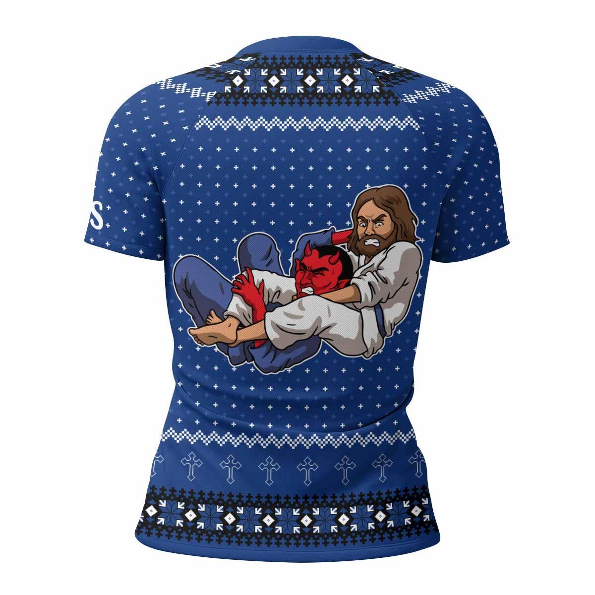 Jesus Has Your Back Women's Rash Guard Short Sleeve - back view mockup