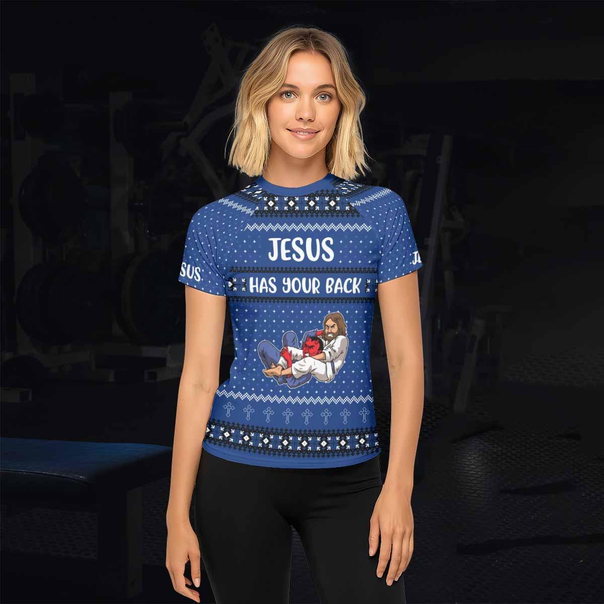 Jesus Has Your Back Women's Rash Guard Short Sleeve - lifestyle view