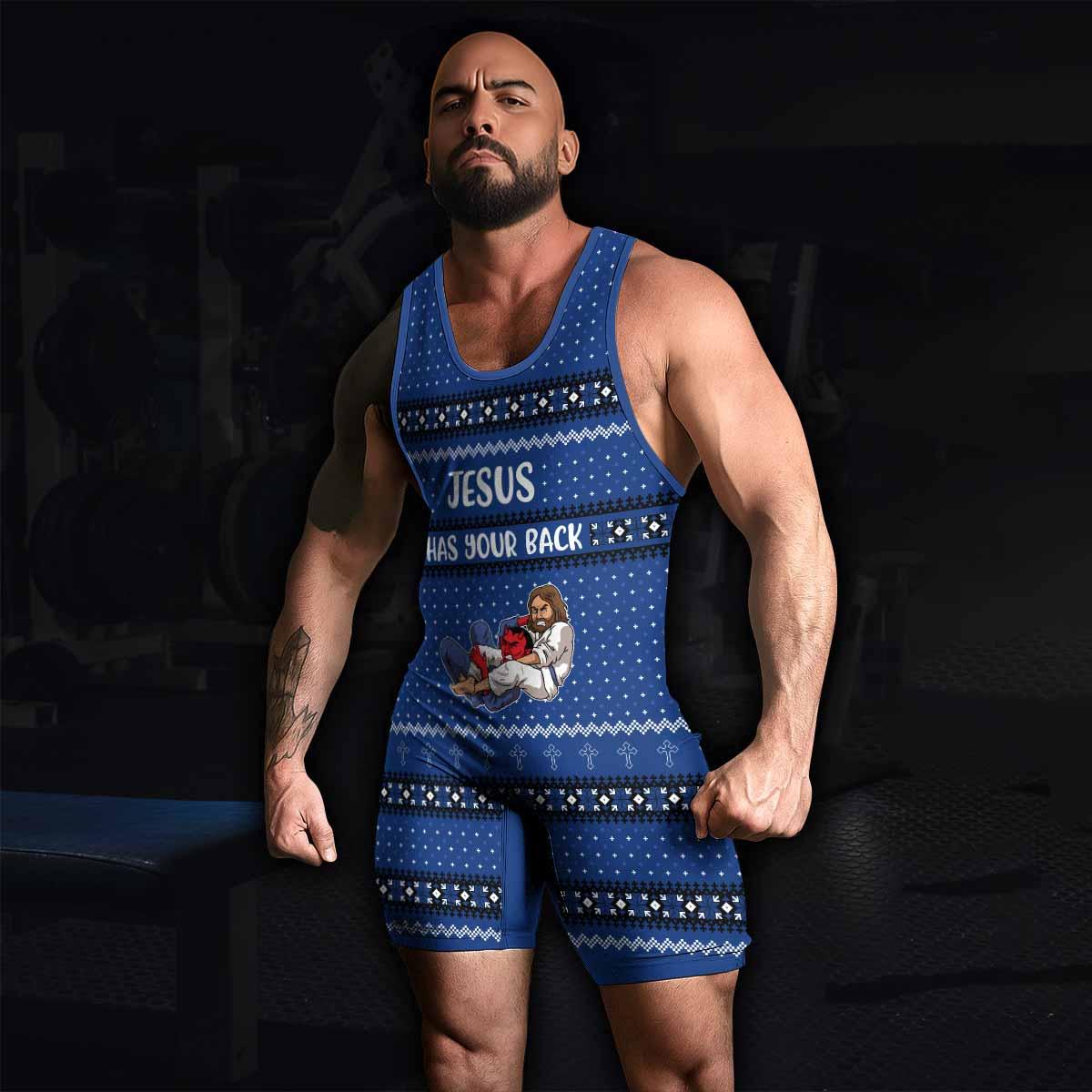 Jesus Has Your Back Wrestling Singlet - men's lifestyle view