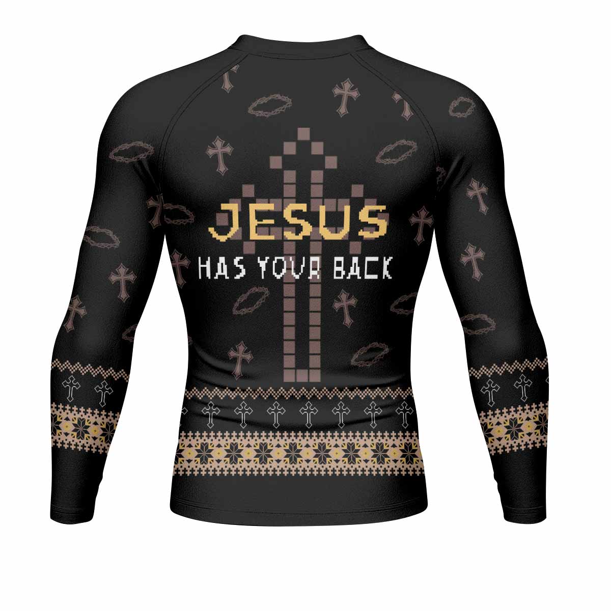 Jesus Has Your Back Men's Rash Guard Long Sleeve - back view mockup