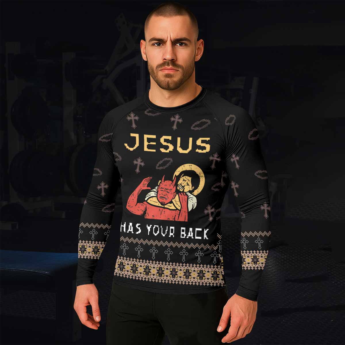 Jesus Has Your Back Men's Rash Guard Long Sleeve - lifestyle view