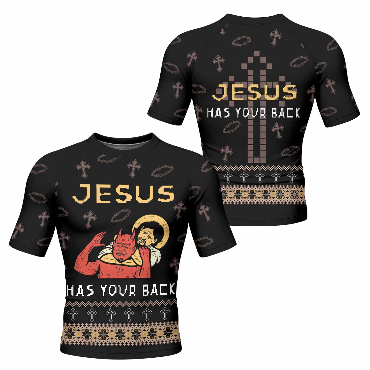 Jesus Has Your Back Men's Rash Guard Short Sleeve - front and back view