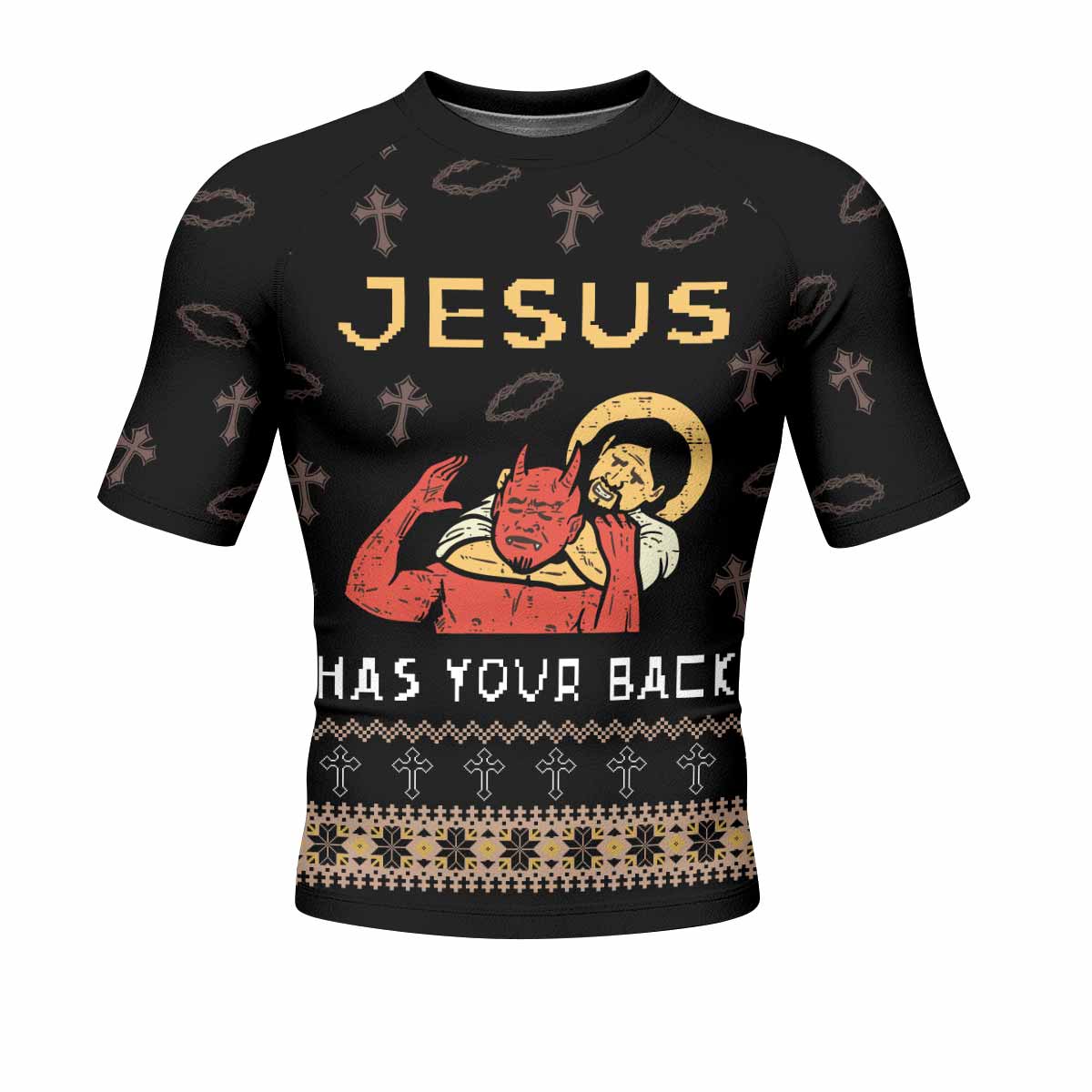 Jesus Has Your Back Men's Rash Guard Short Sleeve - front view mockup